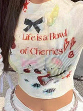 Cartoon Print Waffle Mock Neck Short Sleeve Tee